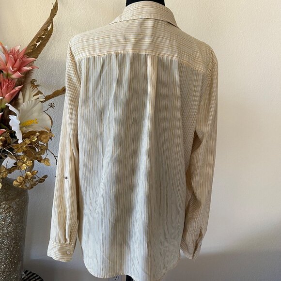 Yellow & White Striped Hidden Button Semi-Sheer Long Sleeve Career Blouse L - Picture 4 of 12
